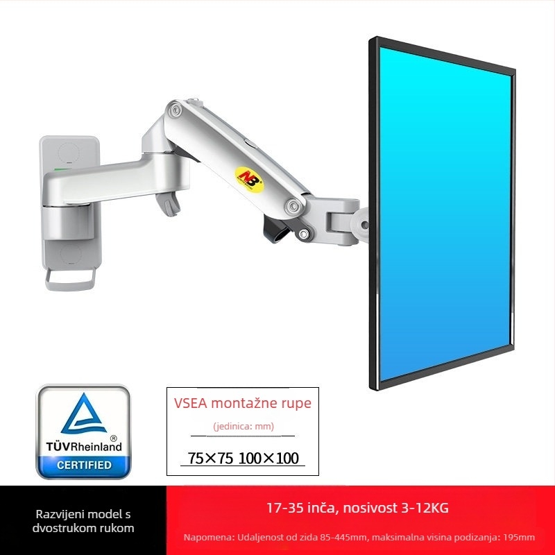 Zidni nosač za monitor s rotacijom, podizanjem i teleskopskim ramenom — aluminijska legura