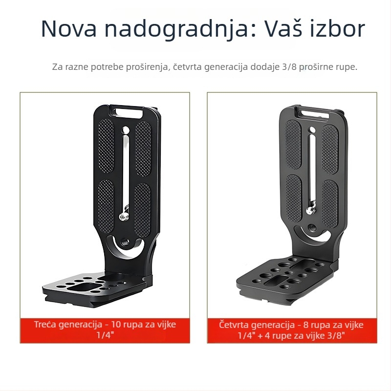 L-tip brze instalacijska ploča za kameru – vertikalna ploča s perforacijama za proširenje, univerzalna za SLR, aluminijska zlitina, model L130C, nosivost 6–10 kg
