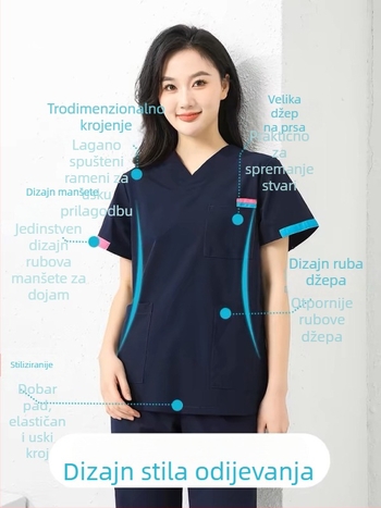 Unisex set radne odjeće s kratkim rukavima (gornji dio + hlače) — tkanina koja odvodi vlagu, poliester-pamuk-elastan smjesa, V izrez, obični rukavi, za sve sezone