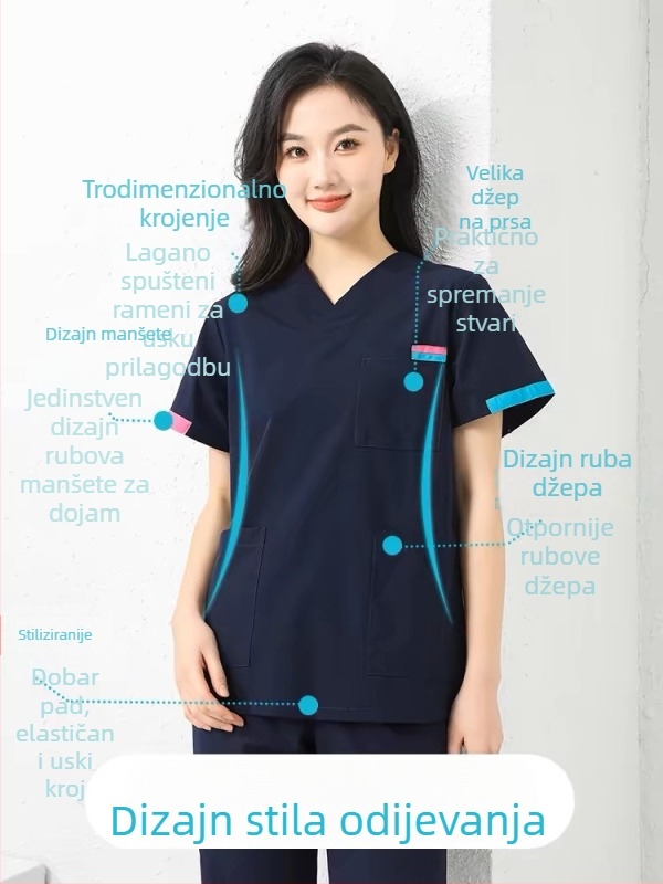 Unisex set radne odjeće s kratkim rukavima (gornji dio + hlače) — tkanina koja odvodi vlagu, poliester-pamuk-elastan smjesa, V izrez, obični rukavi, za sve sezone