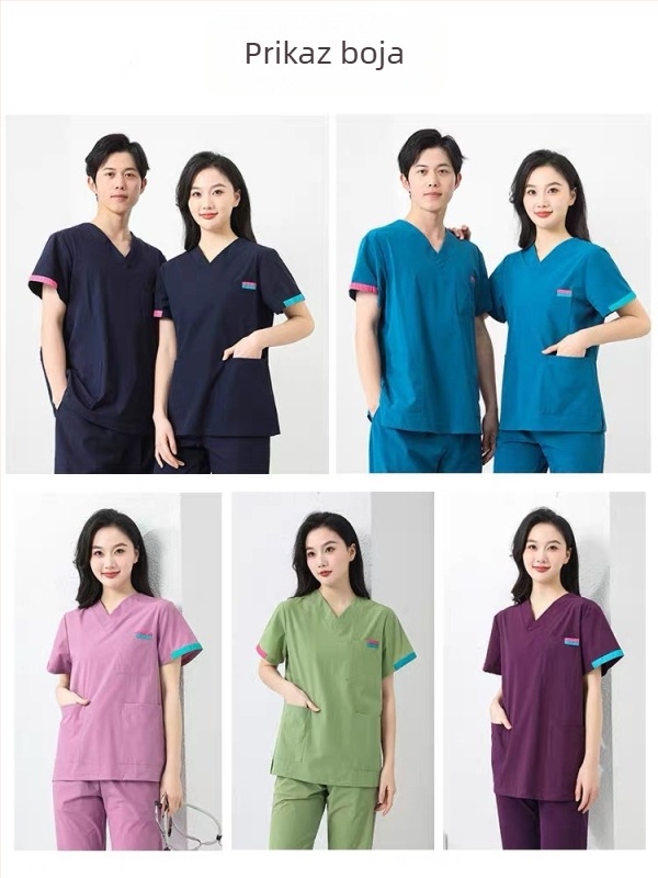 Unisex set radne odjeće s kratkim rukavima (gornji dio + hlače) — tkanina koja odvodi vlagu, poliester-pamuk-elastan smjesa, V izrez, obični rukavi, za sve sezone