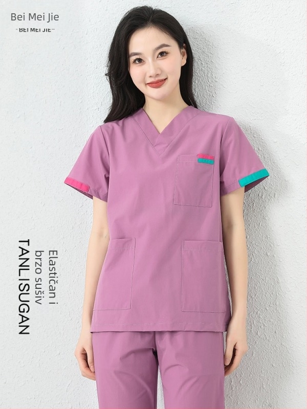 Unisex set radne odjeće s kratkim rukavima (gornji dio + hlače) — tkanina koja odvodi vlagu, poliester-pamuk-elastan smjesa, V izrez, obični rukavi, za sve sezone