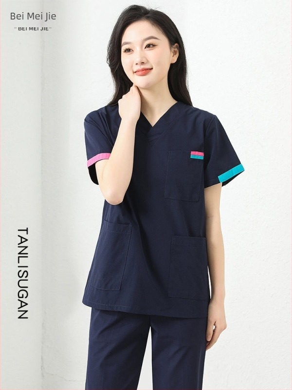 Unisex set radne odjeće s kratkim rukavima (gornji dio + hlače) — tkanina koja odvodi vlagu, poliester-pamuk-elastan smjesa, V izrez, obični rukavi, za sve sezone