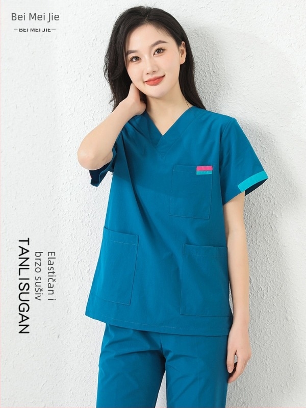 Unisex set radne odjeće s kratkim rukavima (gornji dio + hlače) — tkanina koja odvodi vlagu, poliester-pamuk-elastan smjesa, V izrez, obični rukavi, za sve sezone