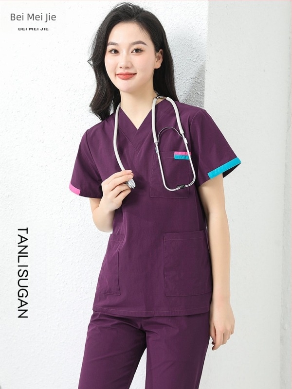 Unisex set radne odjeće s kratkim rukavima (gornji dio + hlače) — tkanina koja odvodi vlagu, poliester-pamuk-elastan smjesa, V izrez, obični rukavi, za sve sezone