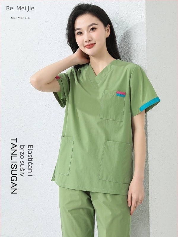 Unisex set radne odjeće s kratkim rukavima (gornji dio + hlače) — tkanina koja odvodi vlagu, poliester-pamuk-elastan smjesa, V izrez, obični rukavi, za sve sezone