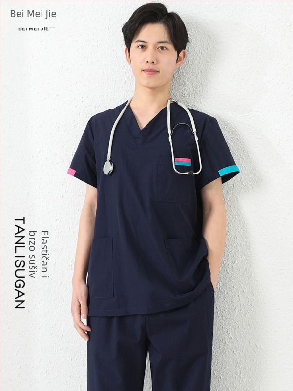 Unisex set radne odjeće s kratkim rukavima (gornji dio + hlače) — tkanina koja odvodi vlagu, poliester-pamuk-elastan smjesa, V izrez, obični rukavi, za sve sezone