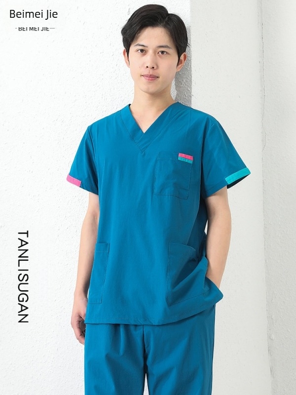 Unisex set radne odjeće s kratkim rukavima (gornji dio + hlače) — tkanina koja odvodi vlagu, poliester-pamuk-elastan smjesa, V izrez, obični rukavi, za sve sezone