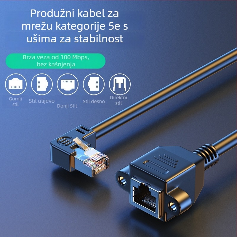 Kutni produžni kabel RJ-45, muški na ženski, Cat5, s otvorima za montažu