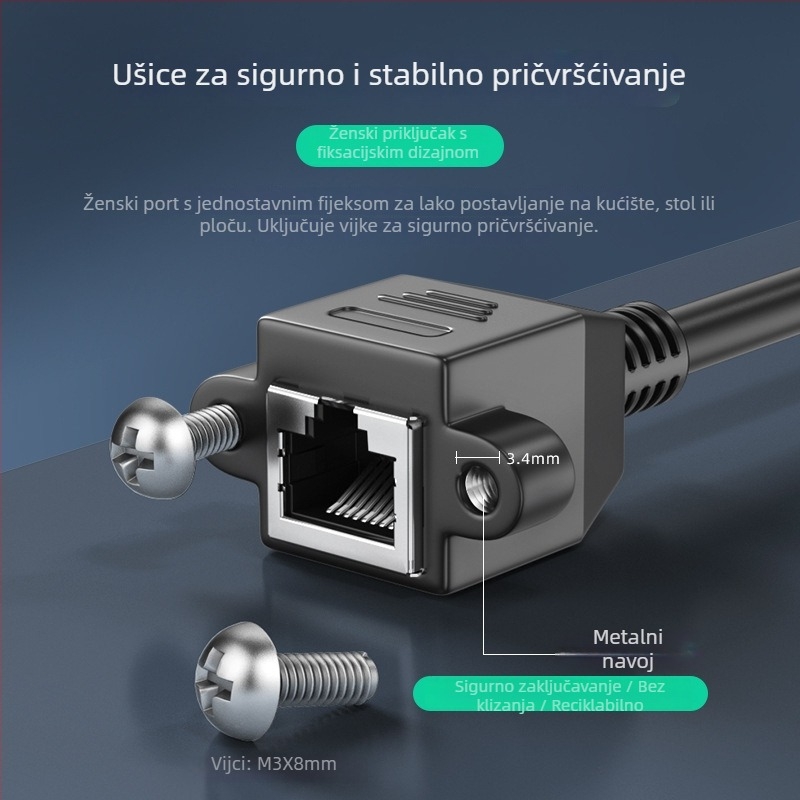 Kutni produžni kabel RJ-45, muški na ženski, Cat5, s otvorima za montažu