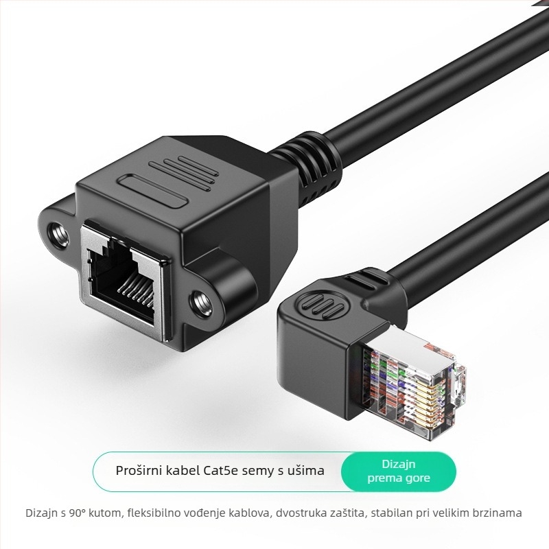 Kutni produžni kabel RJ-45, muški na ženski, Cat5, s otvorima za montažu