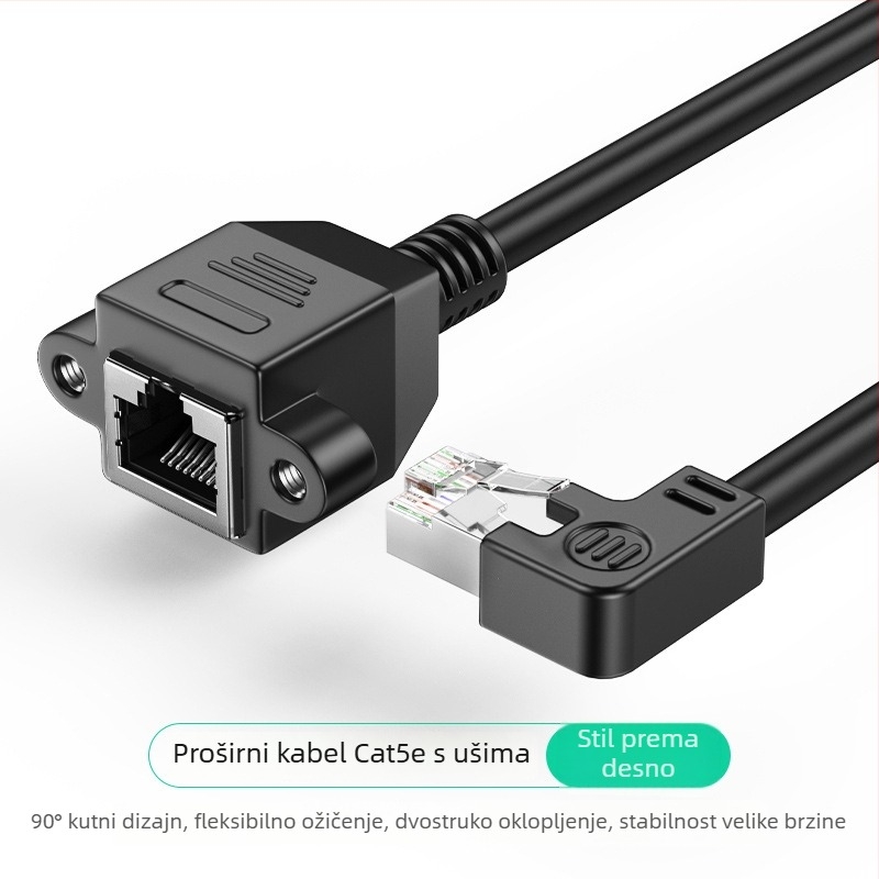 Kutni produžni kabel RJ-45, muški na ženski, Cat5, s otvorima za montažu