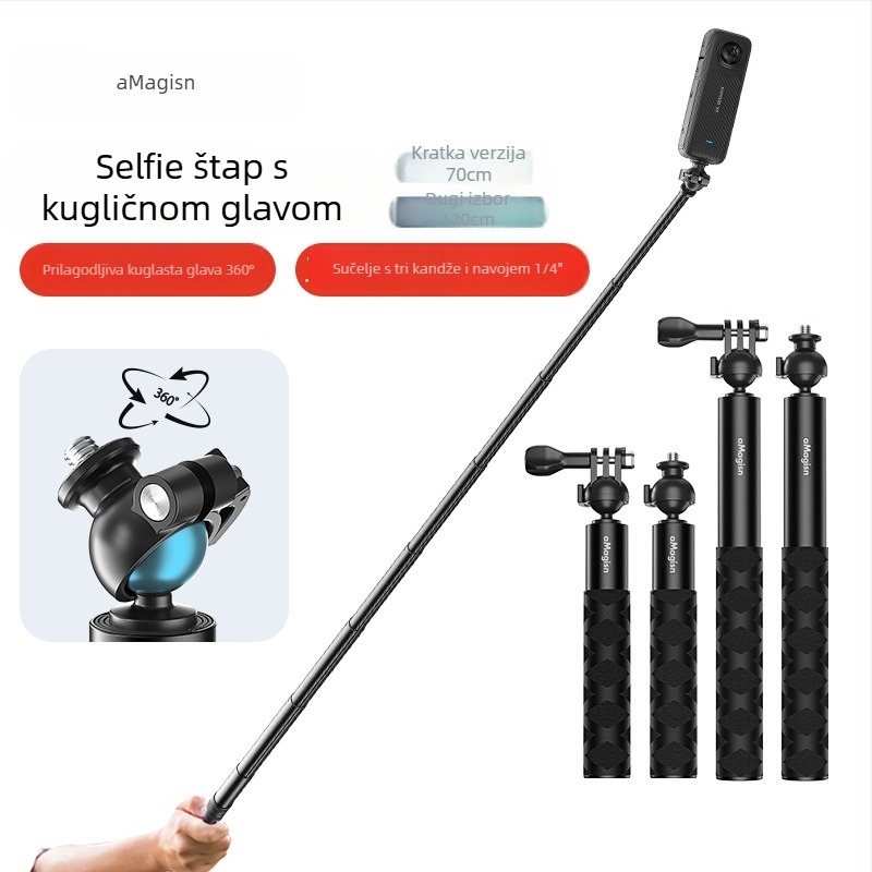 Amagisn Ball Head Selfie Stick za akcijske kamere | univerzalna kompatibilnost | aluminijska legura + nehrđajući čelik
