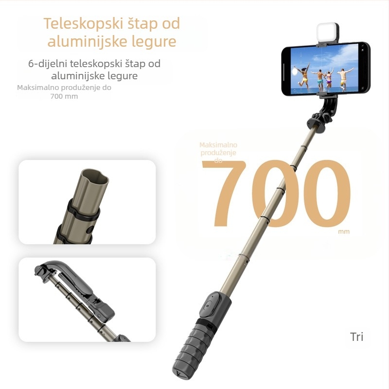 Mini Bluetooth selfie štapić s LED rasvjetom i stolnim držačem – ABS + nehrđajući čelik, daljinski upravljač, stolna držač, univerzalna kompatibilnost