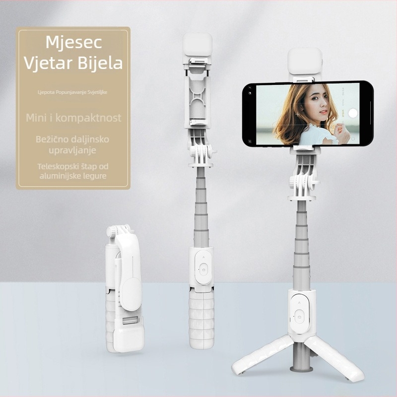 Mini Bluetooth selfie štapić s LED rasvjetom i stolnim držačem – ABS + nehrđajući čelik, daljinski upravljač, stolna držač, univerzalna kompatibilnost