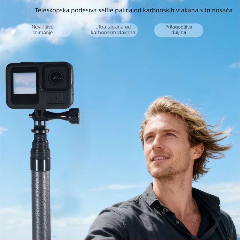Karbonska selfie štapa s 7 sekcija, 1/4 inč navojom i dvostrukim sučeljima, kompatibilna s akcijskim kamerama i pametnim telefonima, nosivost do 2 kg