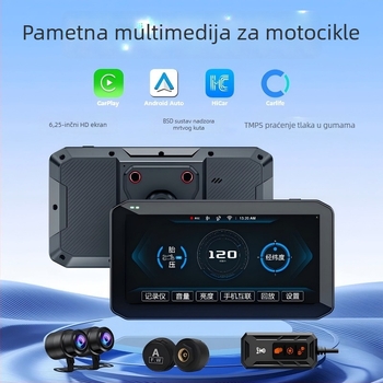 Mt9a Moto dash cam s dvokamerom, CarPlay, praćenje tlaka u gumama i detekcija mrtvog ugla, 150° kut gledanja, 5MP, microSD do 64GB, 12V