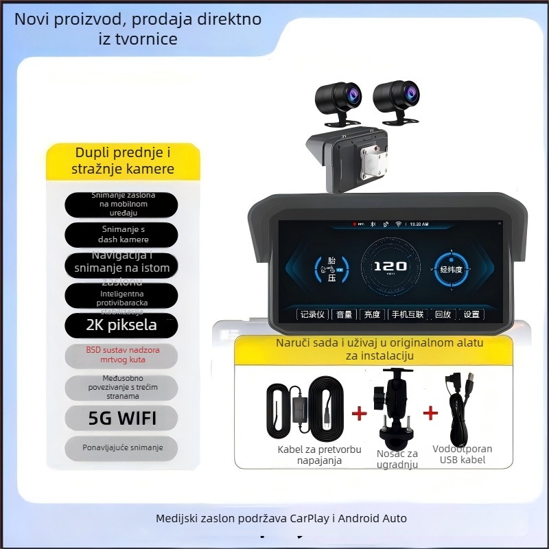 Mt9a Moto dash cam s dvokamerom, CarPlay, praćenje tlaka u gumama i detekcija mrtvog ugla, 150° kut gledanja, 5MP, microSD do 64GB, 12V