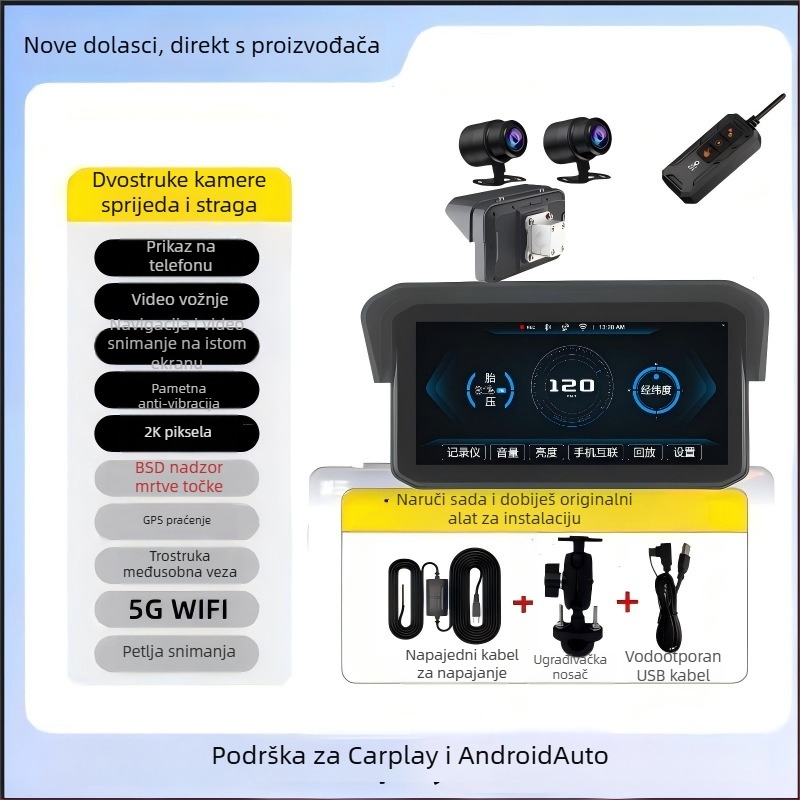 Mt9a Moto dash cam s dvokamerom, CarPlay, praćenje tlaka u gumama i detekcija mrtvog ugla, 150° kut gledanja, 5MP, microSD do 64GB, 12V