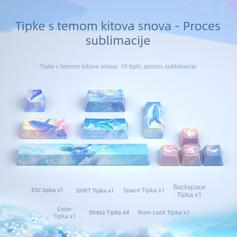 Set od 10 PBT tipki za mehaničku tipkovnicu, sublimacija, personalizirana tema Whale Dream Mountain Light Boat, otporne na klizanje i habanje