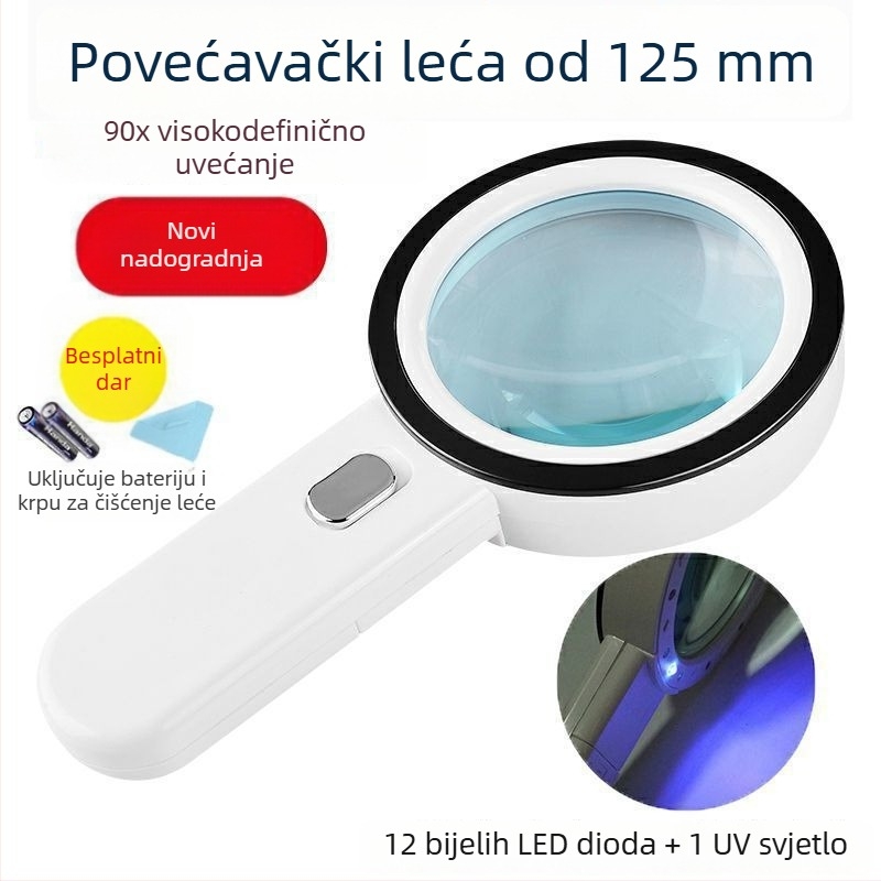 Ručni povećalo s LED svjetlom, 90x povećanje, za čitanje maraka i nakita, pregled mapa na pametnom telefonu.