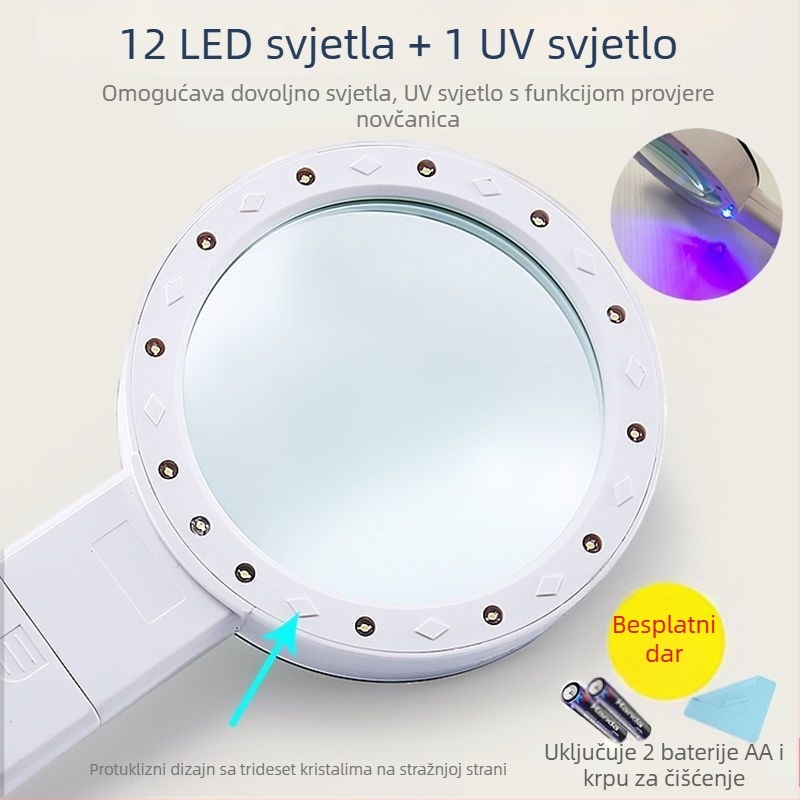 Ručni povećalo s LED svjetlom, 90x povećanje, za čitanje maraka i nakita, pregled mapa na pametnom telefonu.