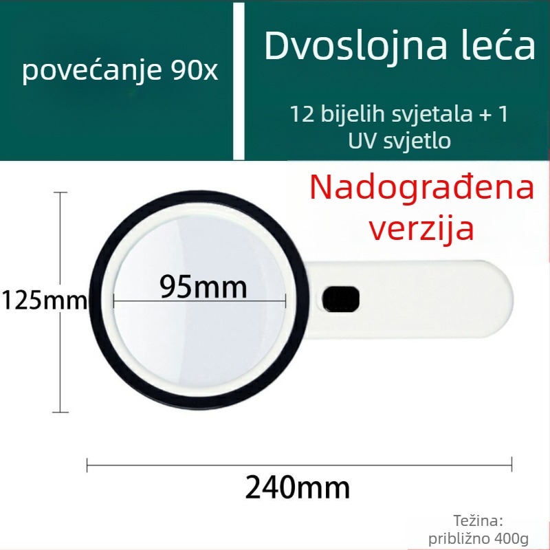 Ručni povećalo s LED svjetlom, 90x povećanje, za čitanje maraka i nakita, pregled mapa na pametnom telefonu.