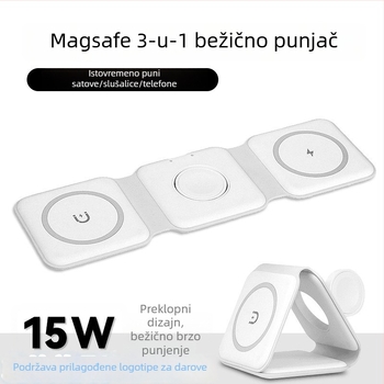 3-u-1 sklopivi magnetski bežični punjač za Apple iPhone, AirPods i Apple Watch – QC 3.0 brzo punjenje, izlaz 15W, ukupna snaga 22,5W