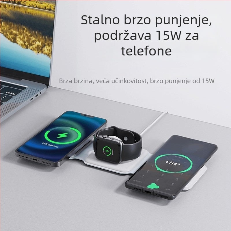 3-u-1 sklopivi magnetski bežični punjač za Apple iPhone, AirPods i Apple Watch – QC 3.0 brzo punjenje, izlaz 15W, ukupna snaga 22,5W