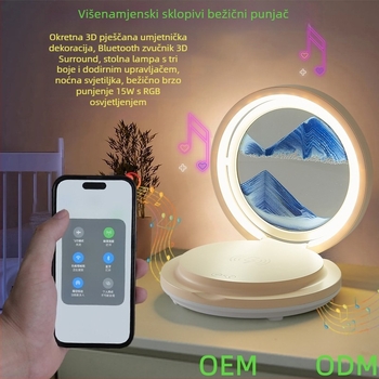 Bežično punjenje stolna lampa s pijeskovim satu, sklopivi Bluetooth zvučnik, RGB rasvjeta, 15W max izlaz, 3A