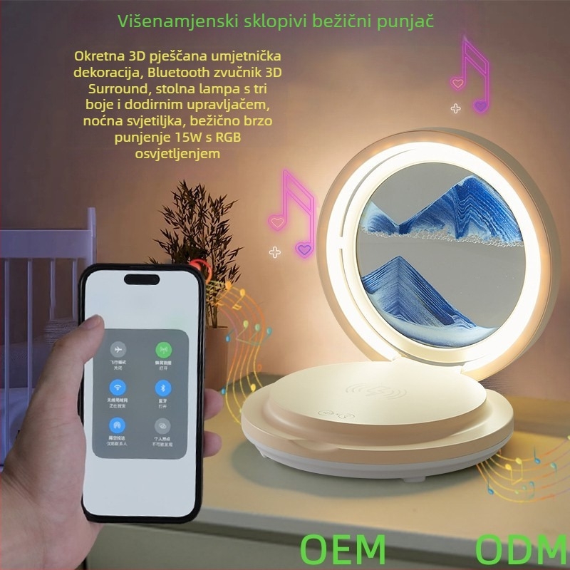 Bežično punjenje stolna lampa s pijeskovim satu, sklopivi Bluetooth zvučnik, RGB rasvjeta, 15W max izlaz, 3A