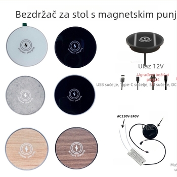 Ugrađeni magnetski bežični punjač za stolni radni prostor, drveni uzorak završna obrada, QC3.0, 15W, 2A