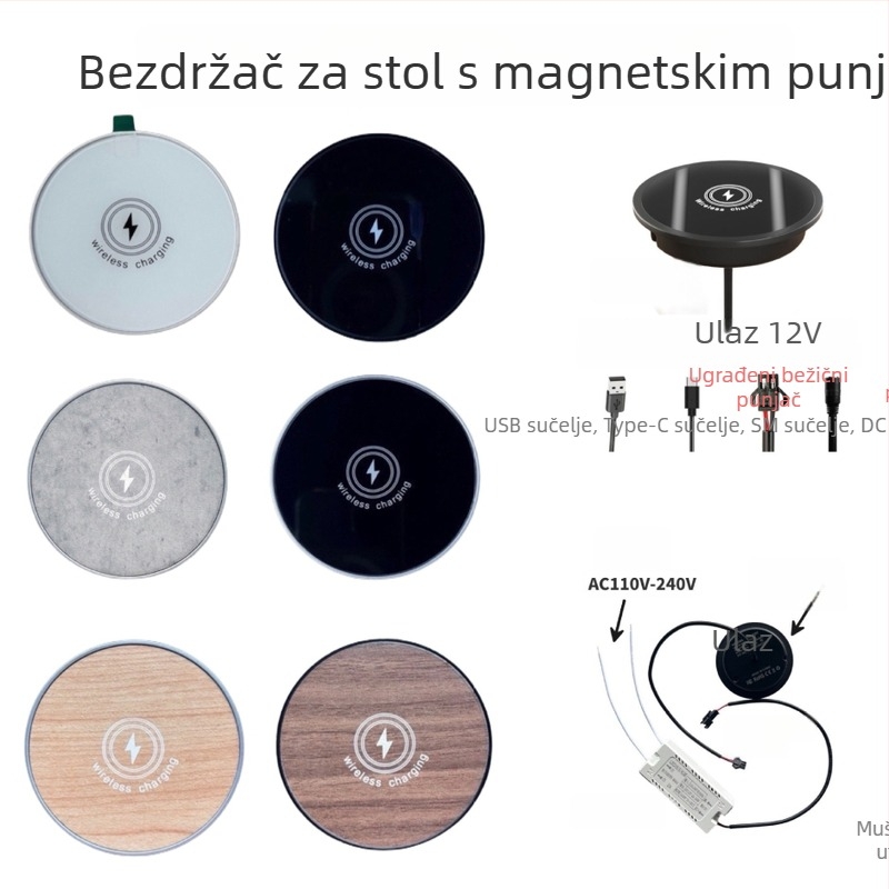 Ugrađeni magnetski bežični punjač za stolni radni prostor, drveni uzorak završna obrada, QC3.0, 15W, 2A