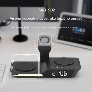 Budilnik s LED svjetlom i bežičnim punjačem 25W – 3-u-1 bežični punjač, QC3.0, izlaz 3A