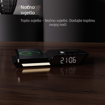 Budilnik s LED svjetlom i bežičnim punjačem 25W – 3-u-1 bežični punjač, QC3.0, izlaz 3A