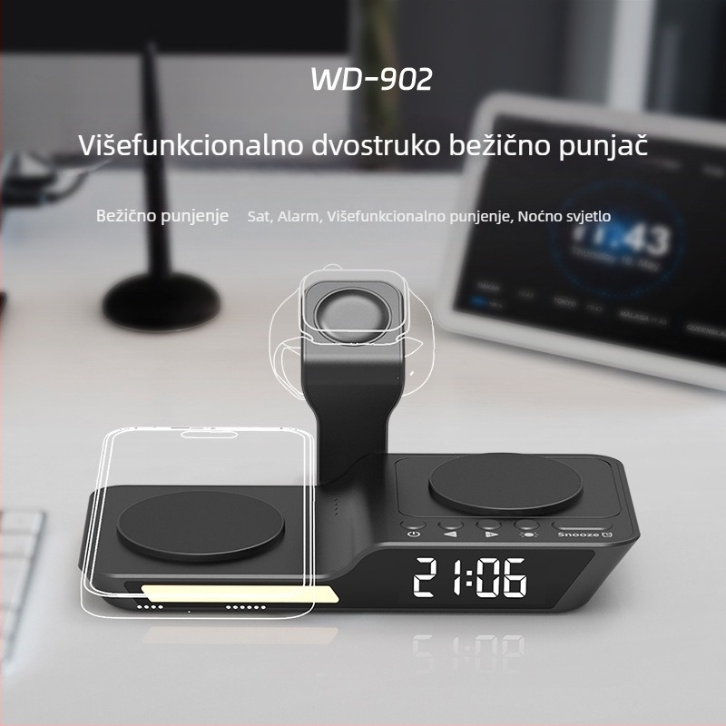 Budilnik s LED svjetlom i bežičnim punjačem 25W – 3-u-1 bežični punjač, QC3.0, izlaz 3A
