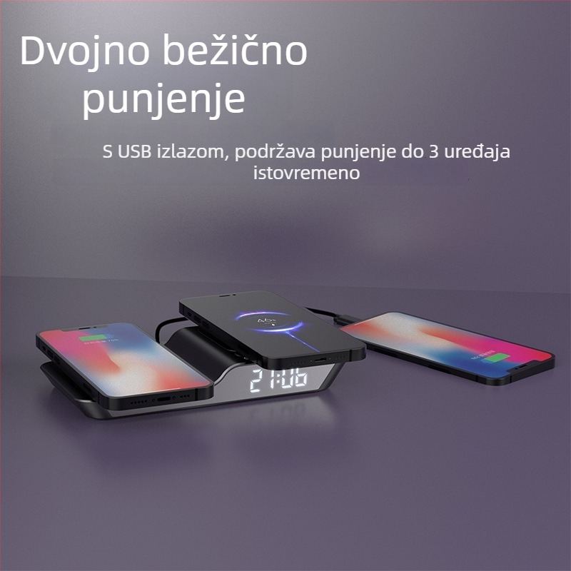 Budilnik s LED svjetlom i bežičnim punjačem 25W – 3-u-1 bežični punjač, QC3.0, izlaz 3A
