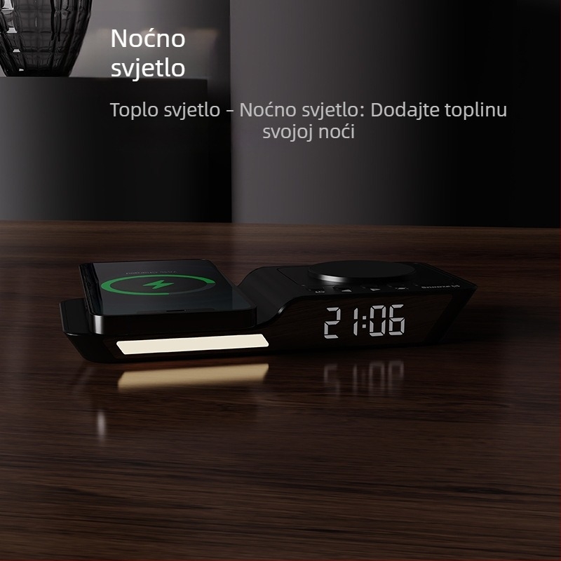 Budilnik s LED svjetlom i bežičnim punjačem 25W – 3-u-1 bežični punjač, QC3.0, izlaz 3A