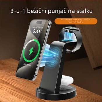 3-u-1 Bežični punjač Stanica za Apple, Huawei, Xiaomi i Android telefone, pametne satove i bežične slušalice | Maksimalna snaga 15W, Ukupna snaga 20.5W, QC3.0, Stolni punjač, CE/FCC/ROHS/UKCA