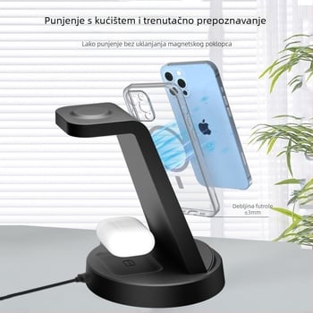 3-u-1 Bežični punjač Stanica za Apple, Huawei, Xiaomi i Android telefone, pametne satove i bežične slušalice | Maksimalna snaga 15W, Ukupna snaga 20.5W, QC3.0, Stolni punjač, CE/FCC/ROHS/UKCA