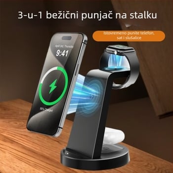 3-u-1 Bežični punjač Stanica za Apple, Huawei, Xiaomi i Android telefone, pametne satove i bežične slušalice | Maksimalna snaga 15W, Ukupna snaga 20.5W, QC3.0, Stolni punjač, CE/FCC/ROHS/UKCA