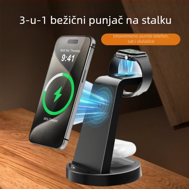 3-u-1 Bežični punjač Stanica za Apple, Huawei, Xiaomi i Android telefone, pametne satove i bežične slušalice | Maksimalna snaga 15W, Ukupna snaga 20.5W, QC3.0, Stolni punjač, CE/FCC/ROHS/UKCA