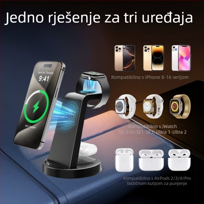 3-u-1 Bežični punjač Stanica za Apple, Huawei, Xiaomi i Android telefone, pametne satove i bežične slušalice | Maksimalna snaga 15W, Ukupna snaga 20.5W, QC3.0, Stolni punjač, CE/FCC/ROHS/UKCA