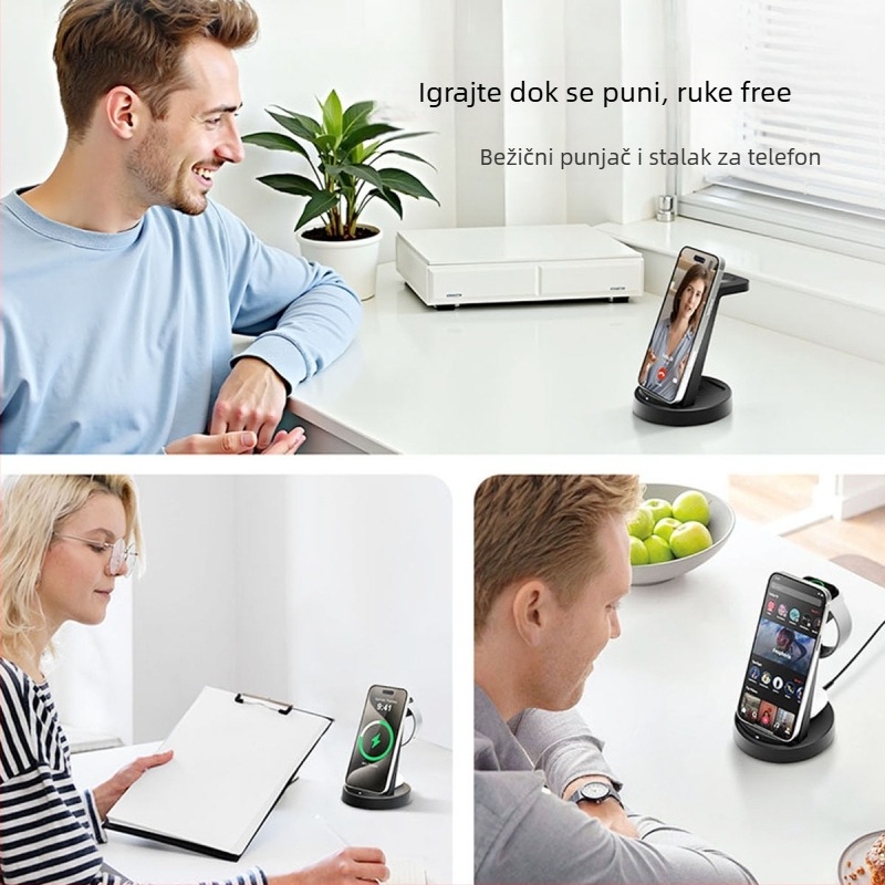 3-u-1 Bežični punjač Stanica za Apple, Huawei, Xiaomi i Android telefone, pametne satove i bežične slušalice | Maksimalna snaga 15W, Ukupna snaga 20.5W, QC3.0, Stolni punjač, CE/FCC/ROHS/UKCA