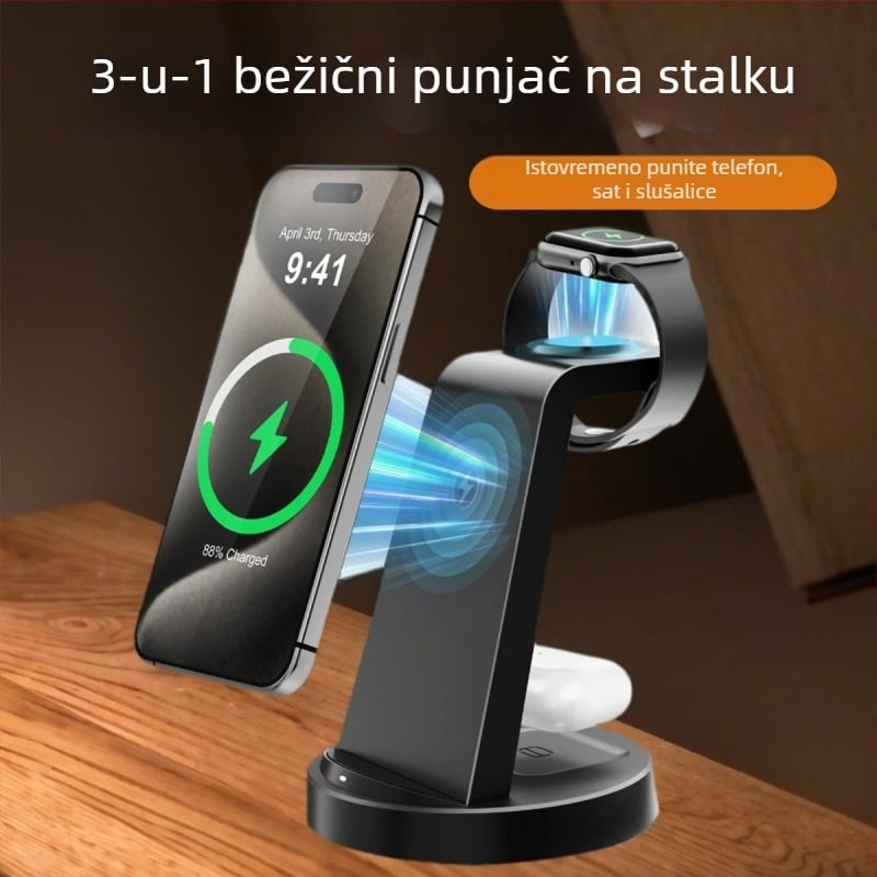 3-u-1 Bežični punjač Stanica za Apple, Huawei, Xiaomi i Android telefone, pametne satove i bežične slušalice | Maksimalna snaga 15W, Ukupna snaga 20.5W, QC3.0, Stolni punjač, CE/FCC/ROHS/UKCA