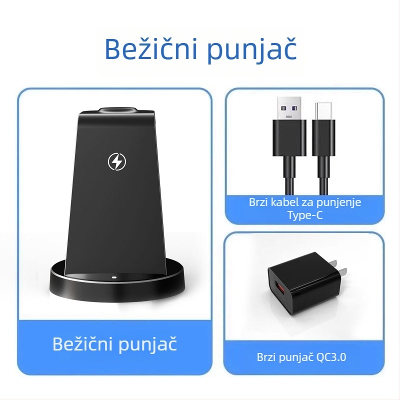 3-u-1 Bežični punjač Stanica za Apple, Huawei, Xiaomi i Android telefone, pametne satove i bežične slušalice | Maksimalna snaga 15W, Ukupna snaga 20.5W, QC3.0, Stolni punjač, CE/FCC/ROHS/UKCA