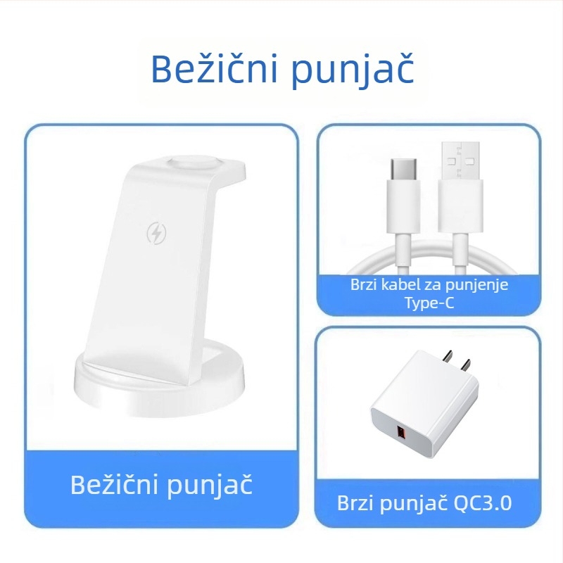 3-u-1 Bežični punjač Stanica za Apple, Huawei, Xiaomi i Android telefone, pametne satove i bežične slušalice | Maksimalna snaga 15W, Ukupna snaga 20.5W, QC3.0, Stolni punjač, CE/FCC/ROHS/UKCA
