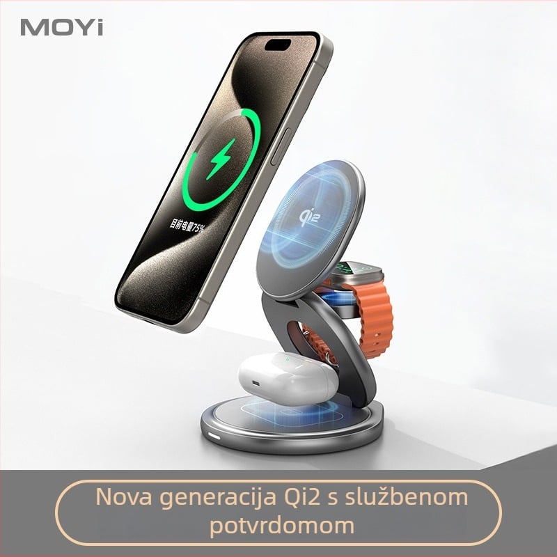 Qi2 magnetski bežični punjač – 3-in-1 sklopiva brzo punjačka stojak, QC3.0, ukupna snaga 22.5W, izlazna snaga 15W