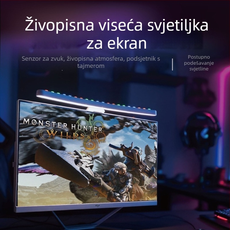 Viseća LED lampica za monitor s glasovnim upravljanjem i sinkroniziranim ambijentalnim osvjetljenjem (napajanje USB; inteligentno glasovno i putem aplikacije upravljanje; ambient način rasvjete; podešavanje boje temperature i svjetline; bežični punjač)