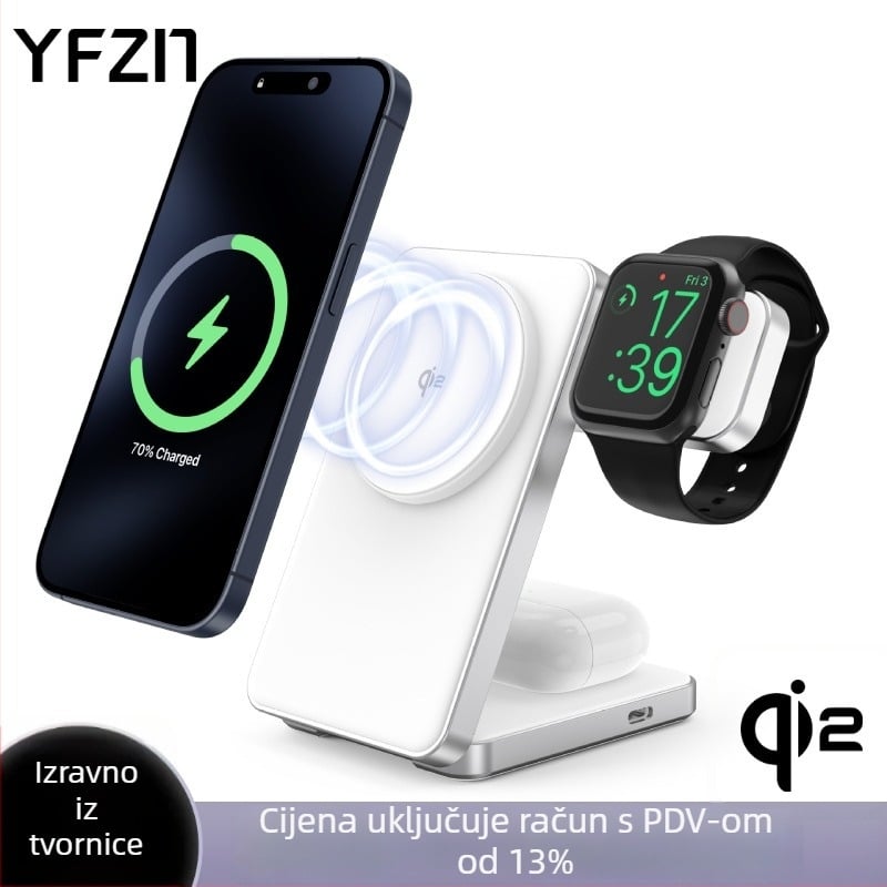 Qi2 certificirani magnetski bežični punjač, 15W maksimalno, 3-u-1 sklopni dizajn, kućište od aluminijske legure s tekućim silikonom